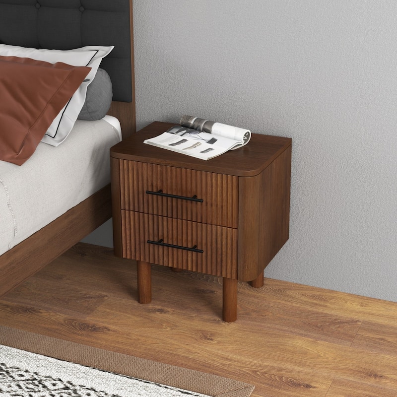 GDFStudio - Logan Mid-Century Modern Walnut Nightstand with Solid Wood Frame & 2 Storage Drawers - Brown,Wood