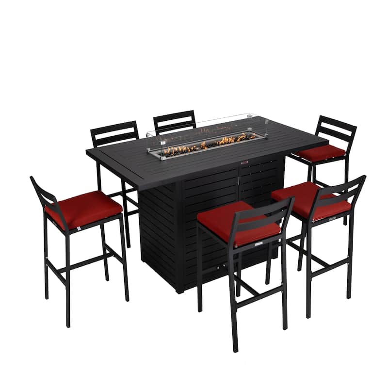 7-Piece Outdoor Patio Bar Height Dining Set in Aluminum with Rectangular Fire Pit Table and 6 Barstool - Cherry