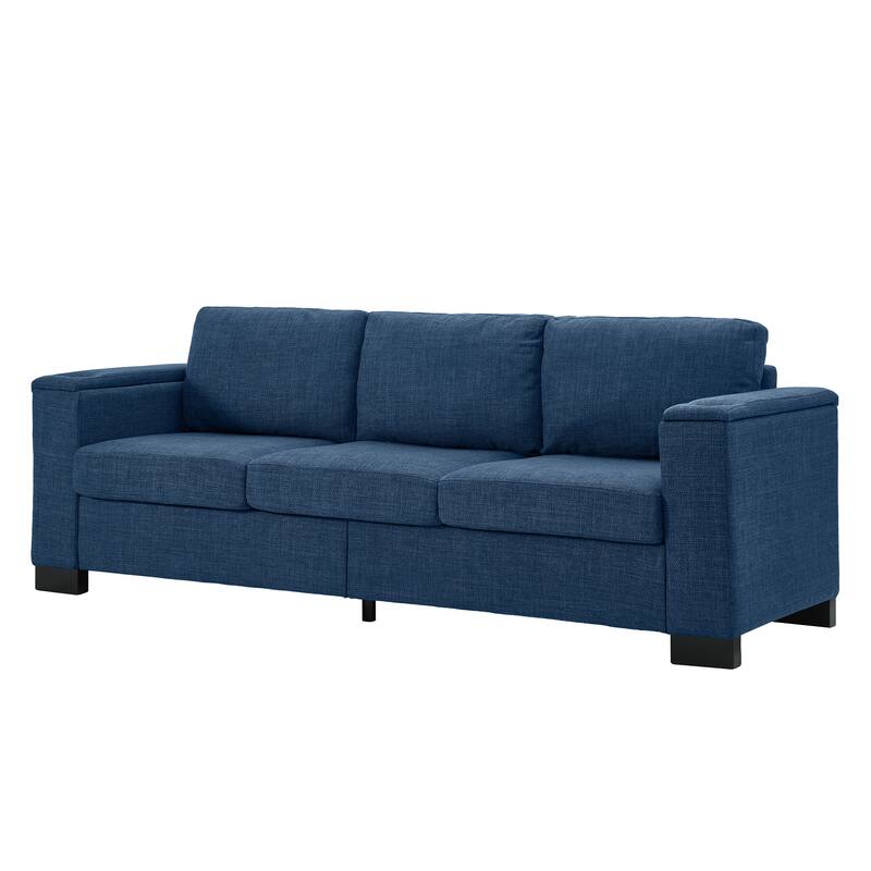 Fabric Upholstered 3 Seater Sofa, Lounge Sofa with Square Arm, Oversized Deep Seat Sofa with Storage & Cup Holders