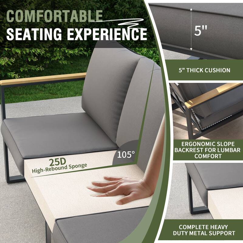 Outdoor 4 Pieces Furniture Sets Modern Iron Patio Conversation Sets Sofa w Grey Cushion Faux Wood Grain Frame Coffee Tab