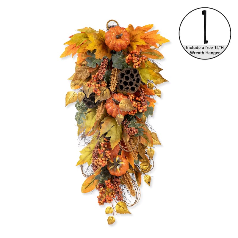 Glitzhome 25"H Fall Pumpkin Lotus Leaf Swag Wreath Thanksgiving Door Decor - Single Swag