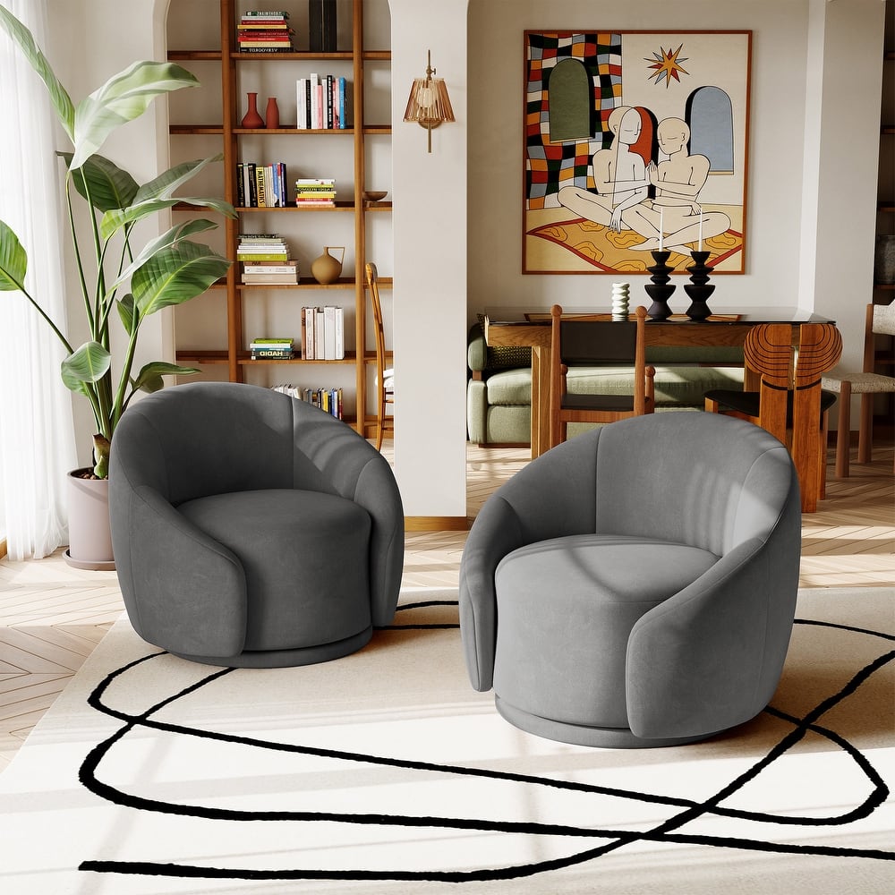 35" Wide 2 Set Velvet/ Boucle Barrel Swivel Chair