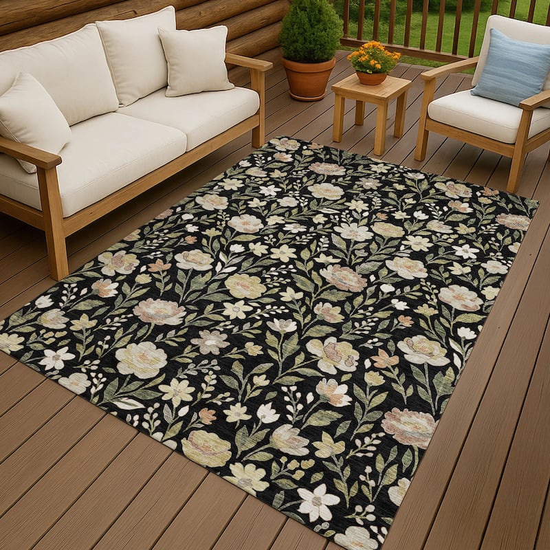 Machine Washable Indoor/ Outdoor Floral Garden Chantille Rug - Black - 3' x 5'