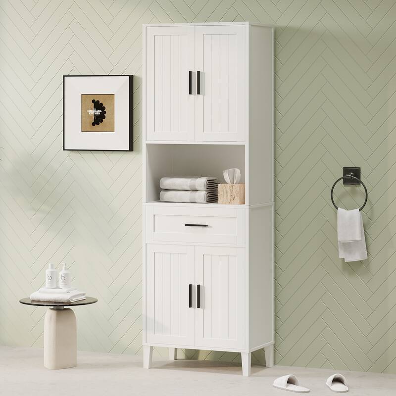 70.9" High Freestanding Tall Bathroom Cabinet with a Drawer, 2 Cabinets, 4 Soft-Close Doors, 2 Adjustable Shelves, Open Storage