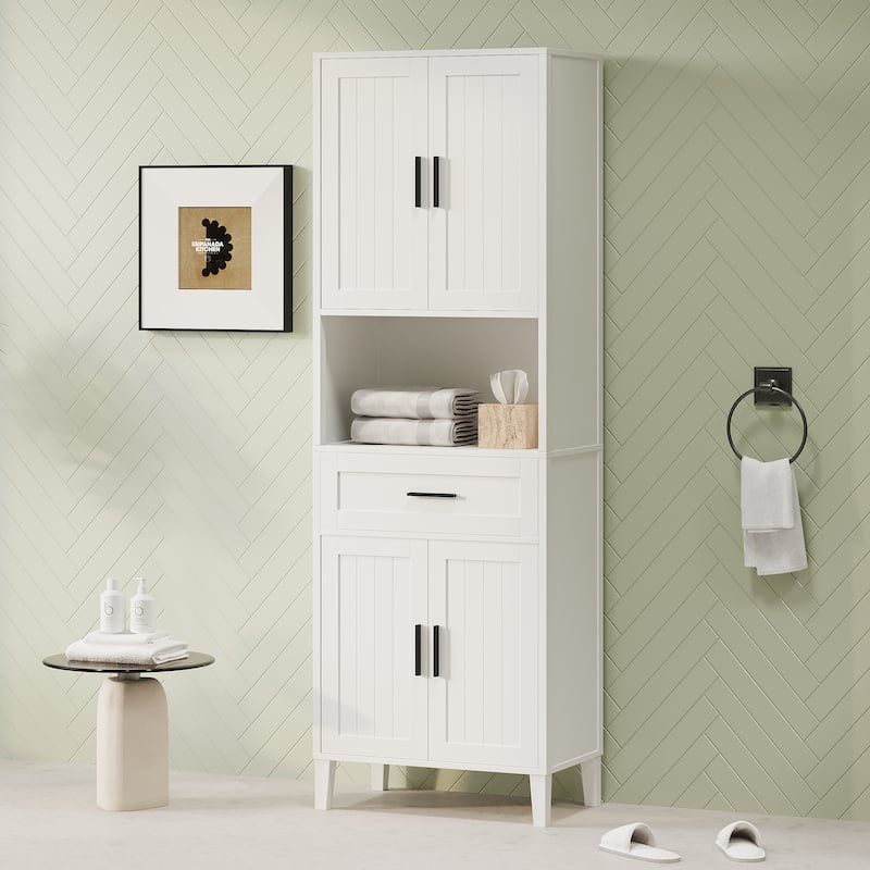 70.9" Tall Storage Cabinet - 4 Soft-Close Doors, 1 Drawer & 2 Adjustable Shelves. Perfect for Bathroom, Laundry or Living Room. - White