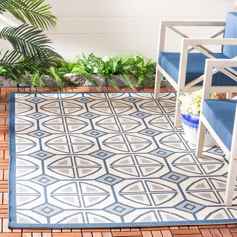 SAFAVIEH Courtyard Fatmire Indoor/ Outdoor Waterproof Patio Backyard Rug - 2'7" x 5' - Beige/Navy