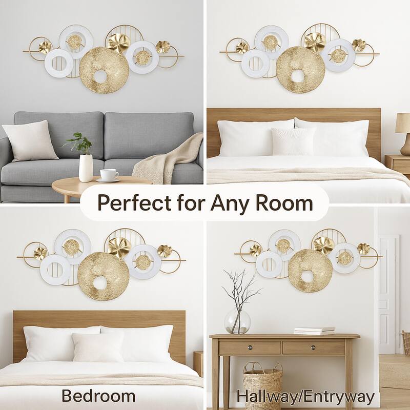 Gold White Multi Ring Metal Wall Art Horizontal Modern Decor 53"x23"