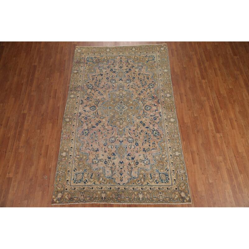 Hand Knotted Oriental 100% Wool Carpet Traditional Floral Pink Mashad Area Rug - 9' 1'' X 5' 7''