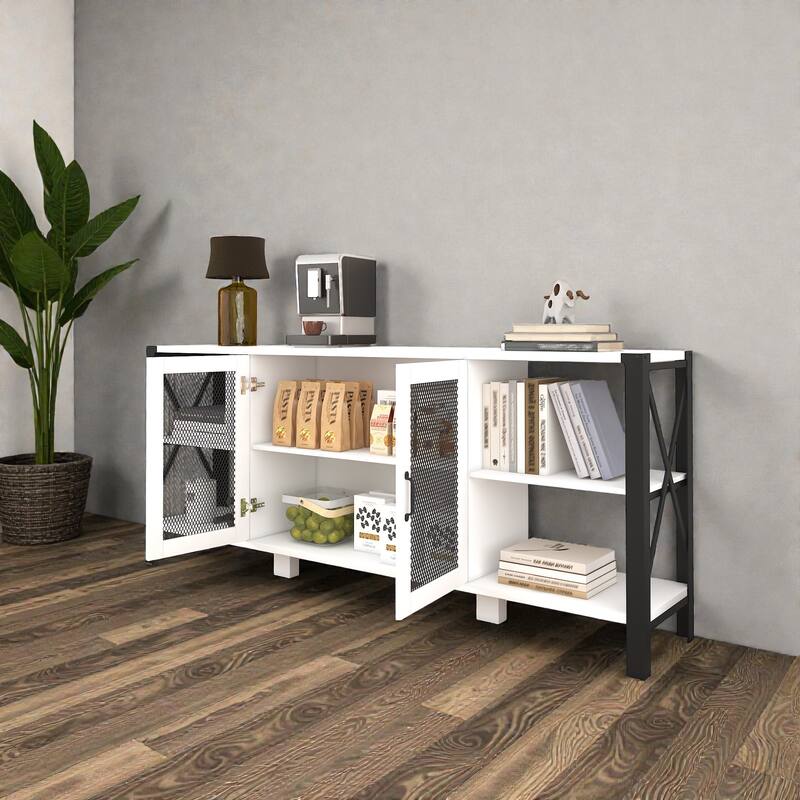 Industrial TV Stand for Living Room, Modern Farmhouse Wood & Metal Entertainment Center with Open Bookshelf