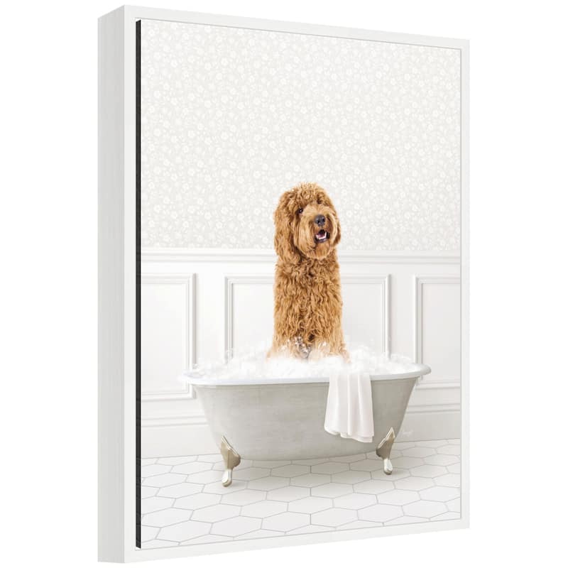 Kate and Laurel Sylvie Golden Doodle in White Bathtub Framed Canvas by Amy Peterson - White