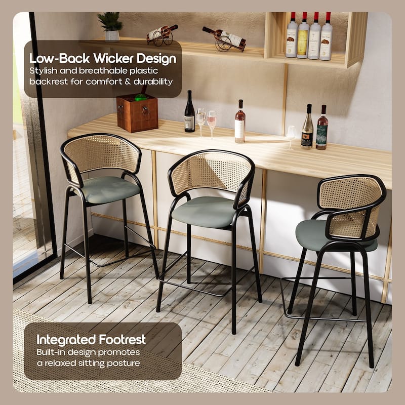 LeisureMod Ervilla Modern Wicker Leather Bar Stool with Curved Back & Stainless Steel Frame for Home & Kitchen