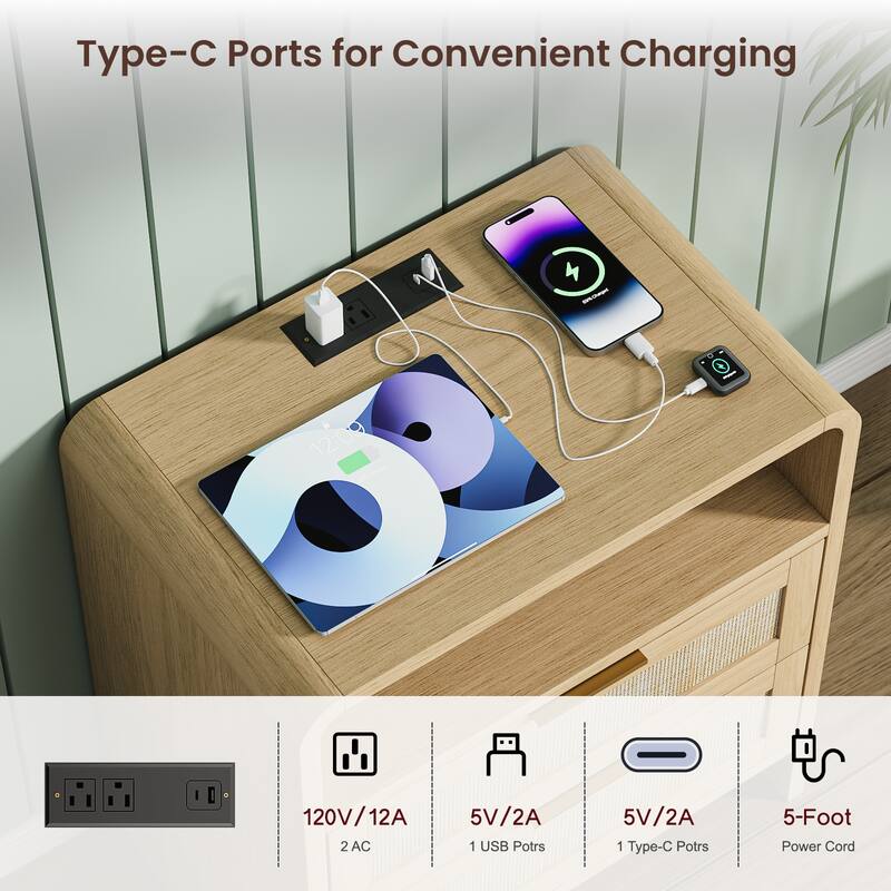 22.8" Rattan Nightstand with Charging Station, 2 Drawers & Open Shelf, Curved Modern Bedside Table