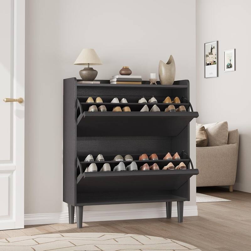Narrow Shoe Cabinet Organizer with 2 Flip Drawers for Entryway, Hallway, Living Room