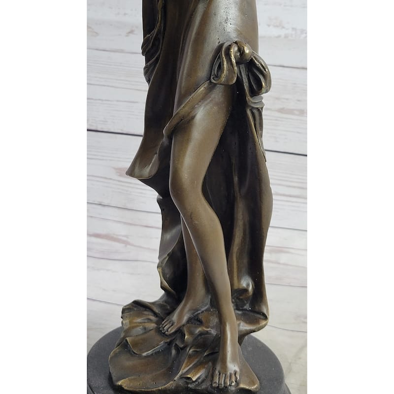 Girl Playing The Flute Female Musician Bronze Sculpture Statue Figure On Marble Base