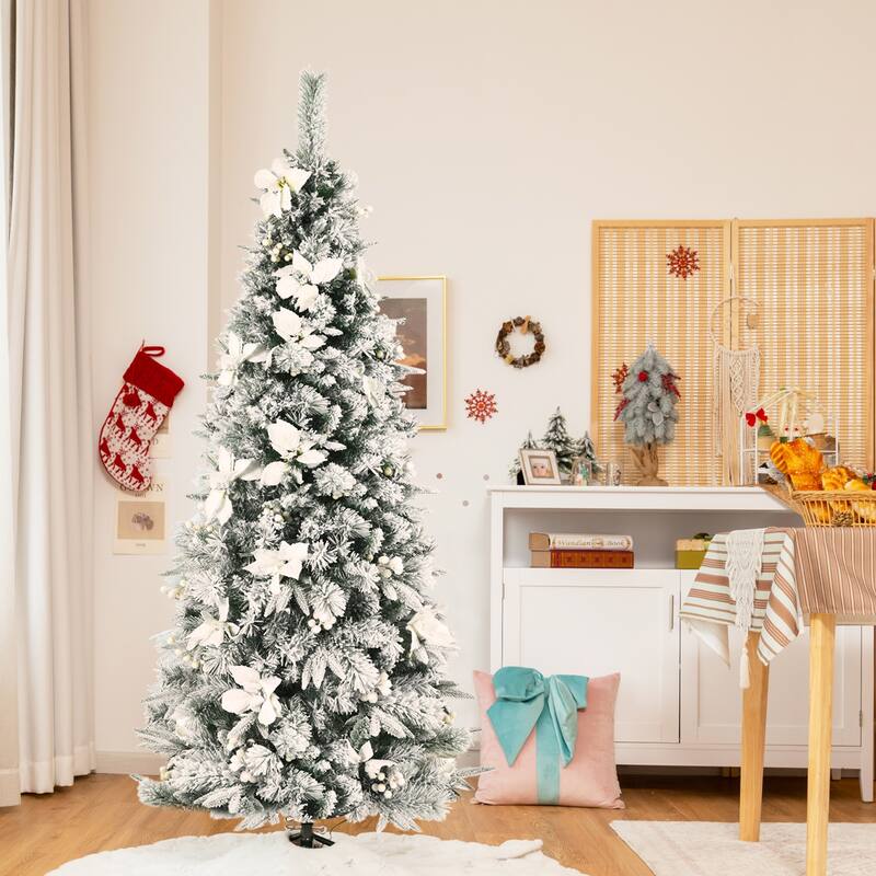 Gymax 5/6/7/8 FT Artificial Snow Flocked Pencil Christmas Tree w/ - 6 Foot