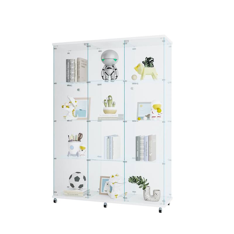 12 Shelves Glass Display Cabinet with 3 Columns and Lock, Curio Cabinets Tempered Glass Floor Standing Bookshelf for Living Room