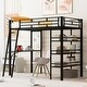 preview thumbnail 1 of 34, Stylish Metal Loft Bed Frame with 3 Layers of Shelves, Desk, Whiteboard, Ladder and Guardrails, Large Space Underneath Black - Twin