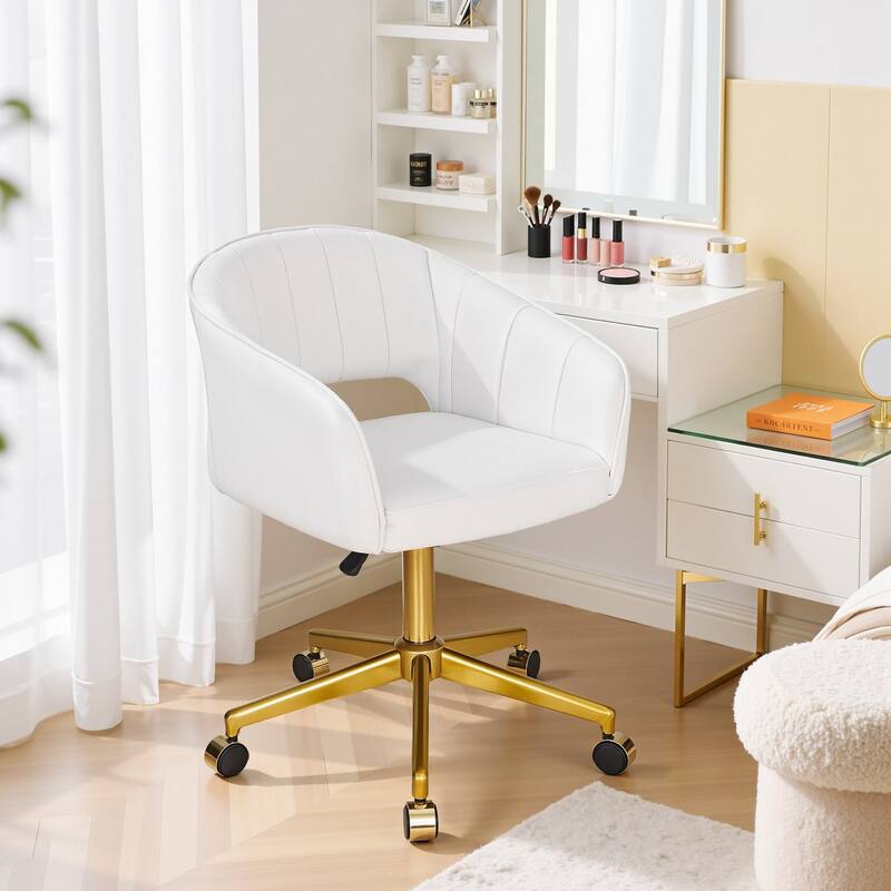 VECELO White Velvet Swivel Accent Chair with Adjustable Height Gold Base 360° Swivel Armchair for Living Room Bedroom Office - Set of 1