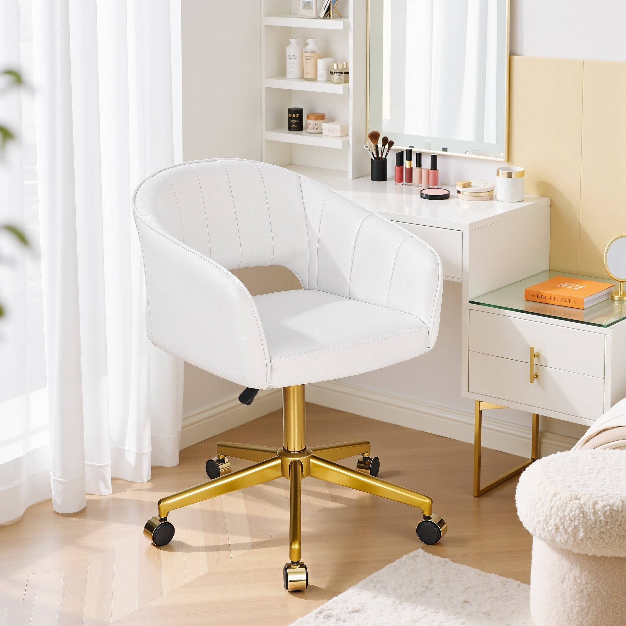 VECELO White Velvet Swivel Accent Chair with Adjustable Height Gold Base 360° Swivel Armchair for Living Room Bedroom Office