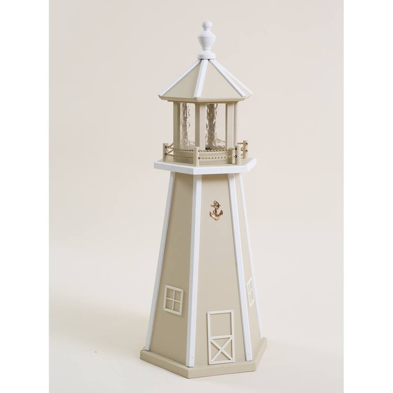 Wooden Lighthouse with Solar Light - 3 Foot - Beige/White