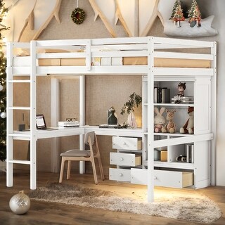 Modern Full Size Loft Bed with Built-in Deskļ¼Storage Shelves and Drawers for Bedroom