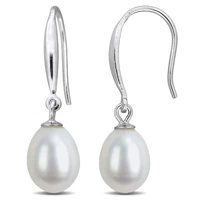 Miadora 7-8mm Cultured Freshwater Pearl Slim Shepherd Hook Earrings Sterling Silver