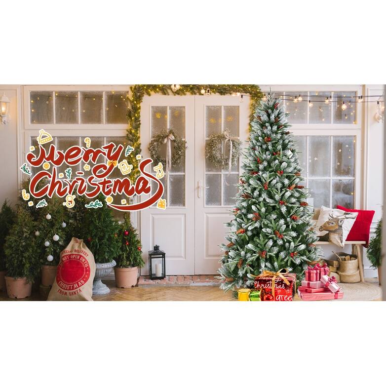 8FT Christmas Tree with 2850 Tips, Red Berries & Pine Cones-Snow-Dusted PE+PVC Branches,Hinged Design for Easy Setup