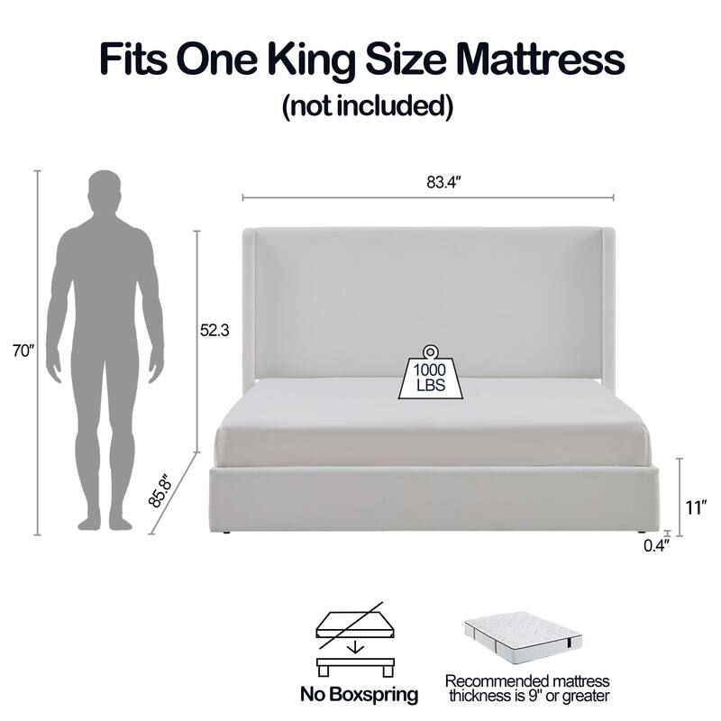 Upholstered Wingback Bed / Upholstered Platform Bed Frame / 52.3" High Headboard / Simplicity/ No Box Spring Needed/ King