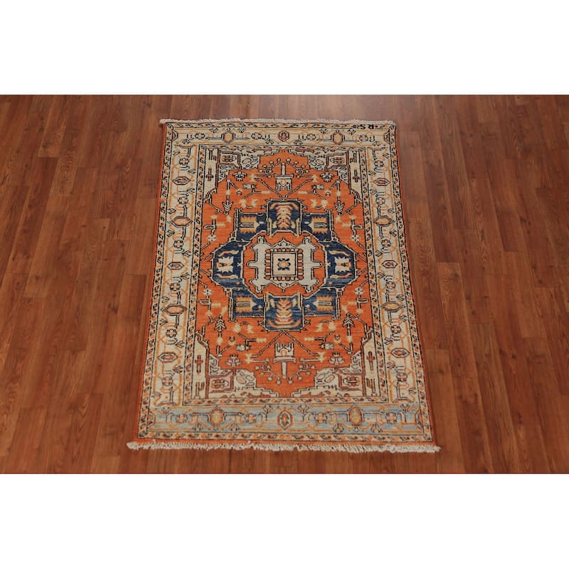 Vegetable Dye Medallion Heriz Serapi Oriental Rug Handmade Wool Carpet - 3'1"x 4'6"