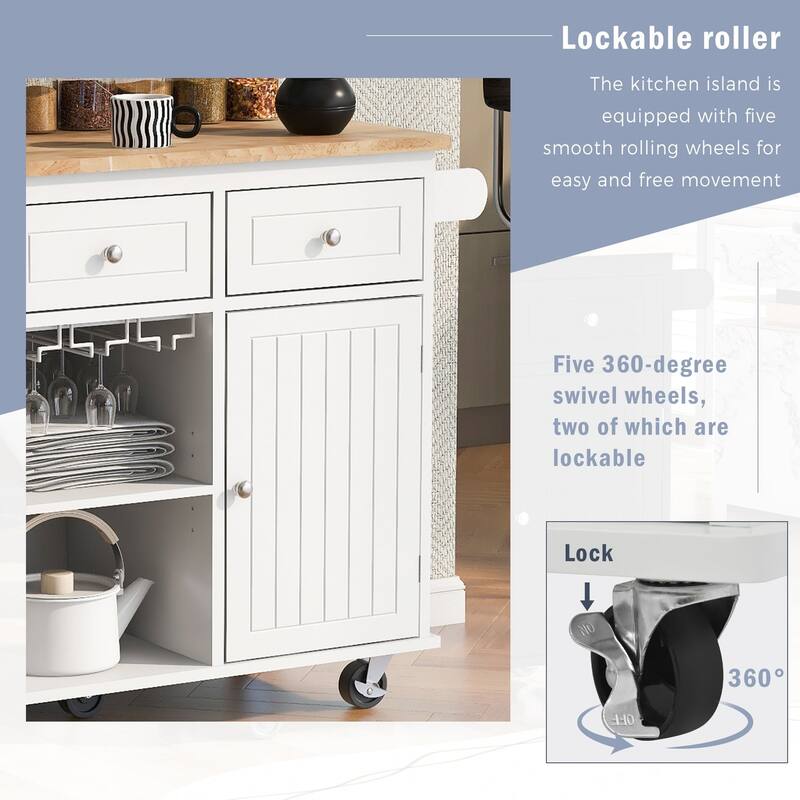 Multifunctional Kitchen Cart with Power Outlet, Open Storage and Wine Rack - 40" x 30"