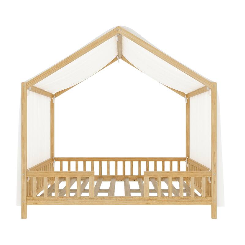 Montessori Bed, House-shape Frame Platform Bed for Kids Toddler, Wood House Daybed with High Railings and Roof, Canopy Bed Frame