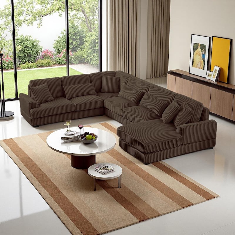 Oversized Corduroy Sectional Sofa with a Chaise - Brown