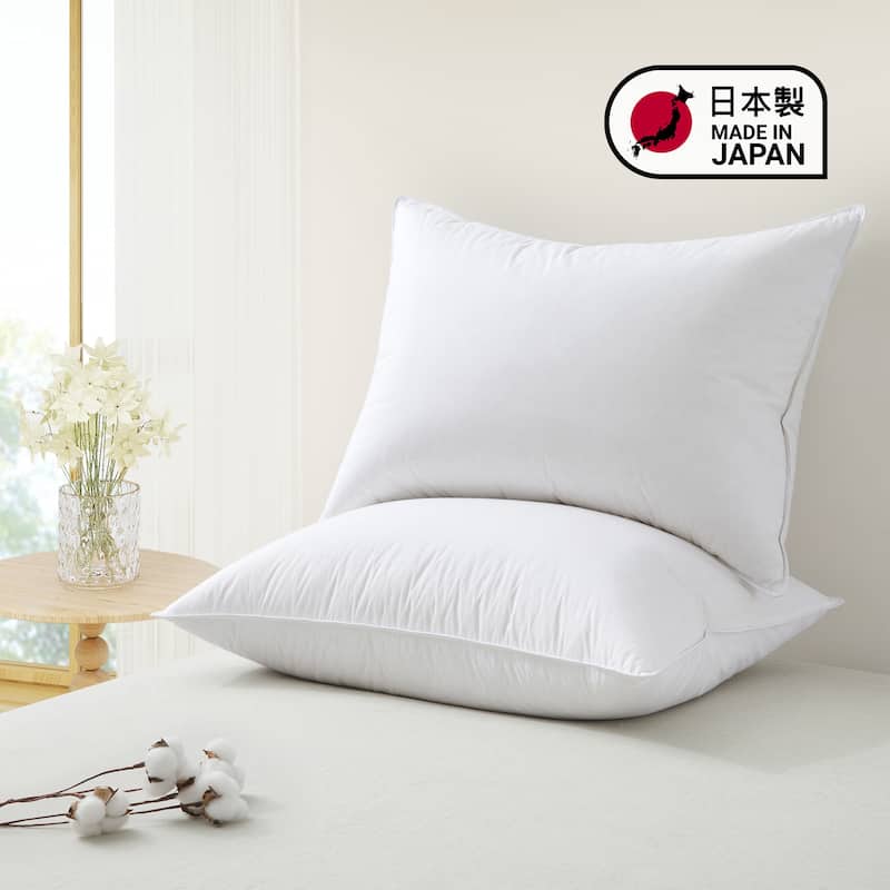2 Pack 300TC Breathable Cotton Cover Goose Feather Down Pillows Made in Japan