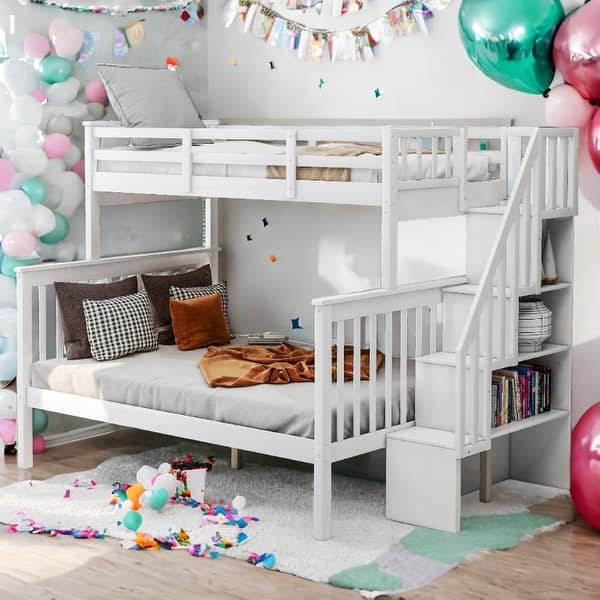 slide 2 of 14, Stairway Twin-Over-Full Bunk Bed with Storage and Guard Rail,Space-Efficient Multifunctional Bunk Bed With Storage White
