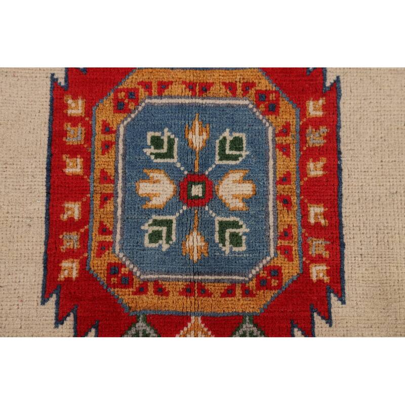 Geometric Beige / Ivory Kazak Area Rug Handmade Wool Carpet - 6'7" x 9'7"
