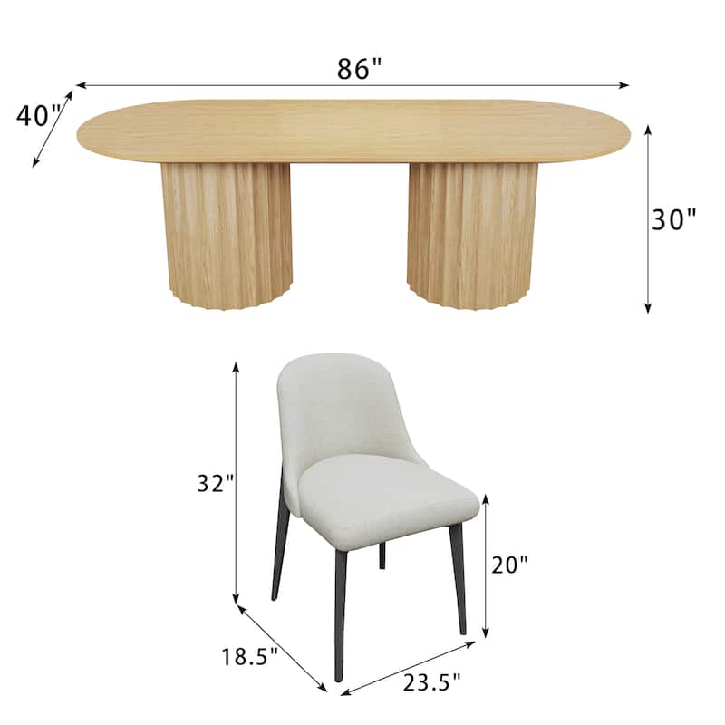 86" Modern Oval Dining Table Set with 8 Upholstered Chairs Black Textured Wood Top & Dual Cylindrical Pedestal Base