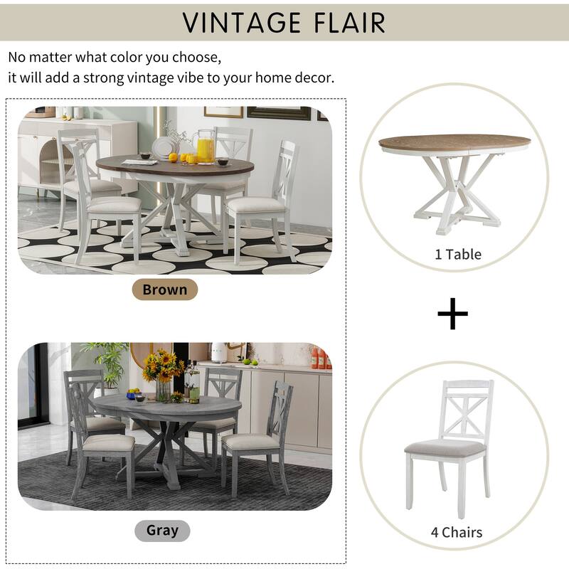 5-Piece Retro Dining Set, Extendable Round Table & 4 Upholstered Chairs