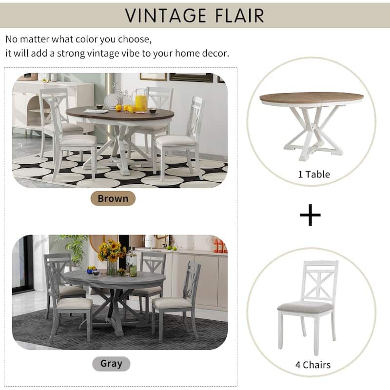 Roomfitters 5-Piece Retro Extendable Round Dining Set with Upholstered Chairs for Kitchen or Dining Room