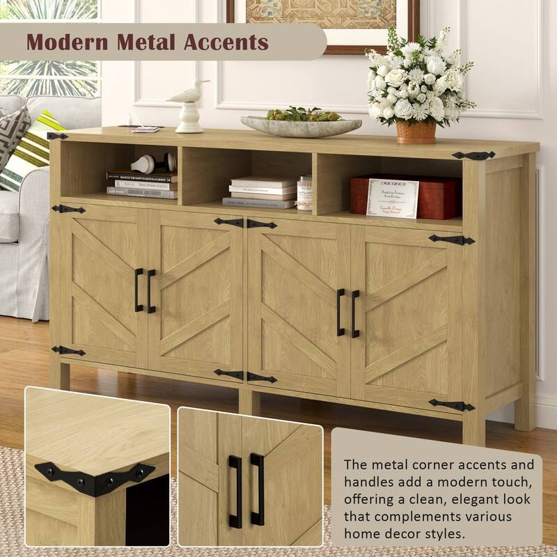 Modern 4-Door Sideboard Buffet with Power Outlets Adjustable Shelves and Half-Open Storage Design