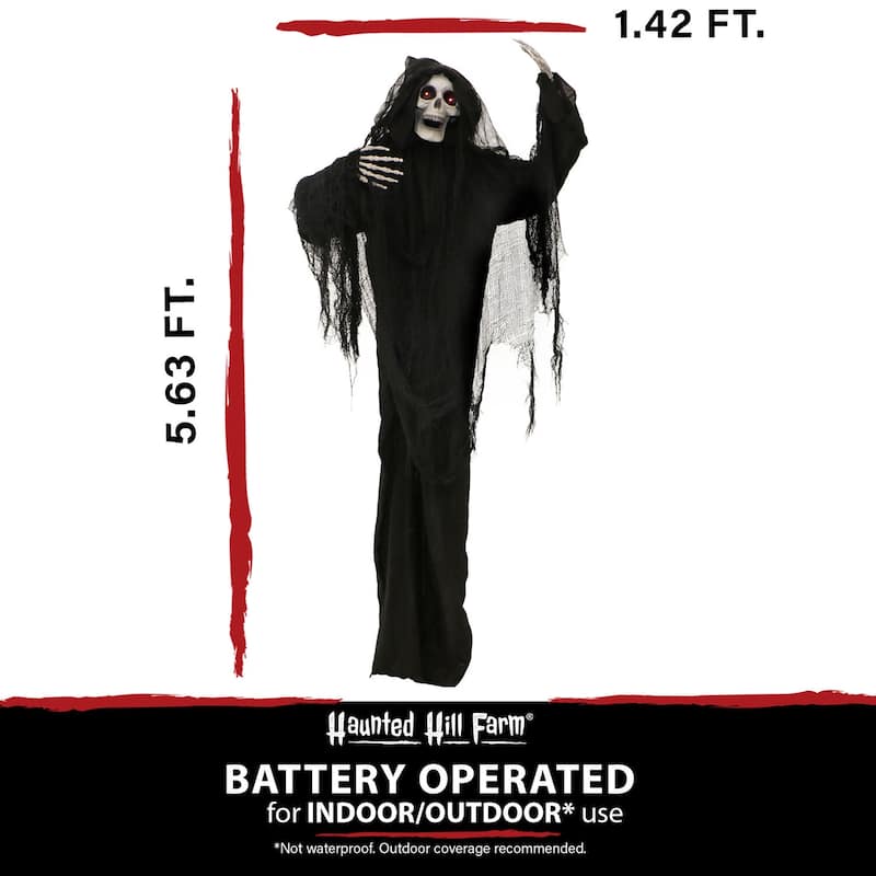 Haunted Hill Farm 5.63-Ft. Animated Standing Reaper, Indoor/Covered Outdoor Halloween Decoration, LED Eyes, Poseable, Terror