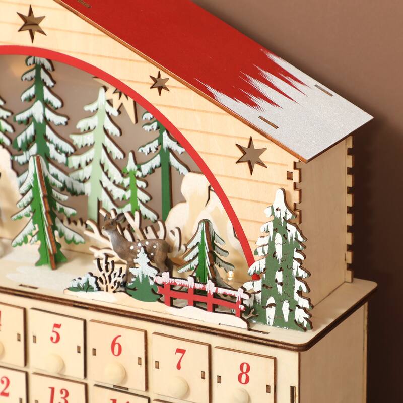 HOMCOM Christmas Advent Calendar with 24 Drawers, Reusable Lighted Wooden Countdown to Christmas Calendar with Village Scene