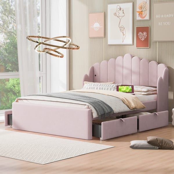 slide 2 of 6, Full Size Upholstered Platform Bed with 4 Drawers and USB Ports Pink - Full