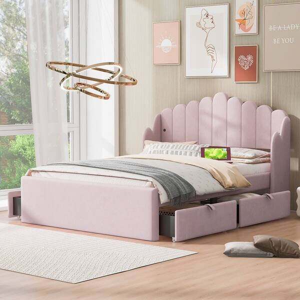 slide 2 of 28, Modern Full Platform Bed with Storage Drawers and USB Charging Ports Pink - Full