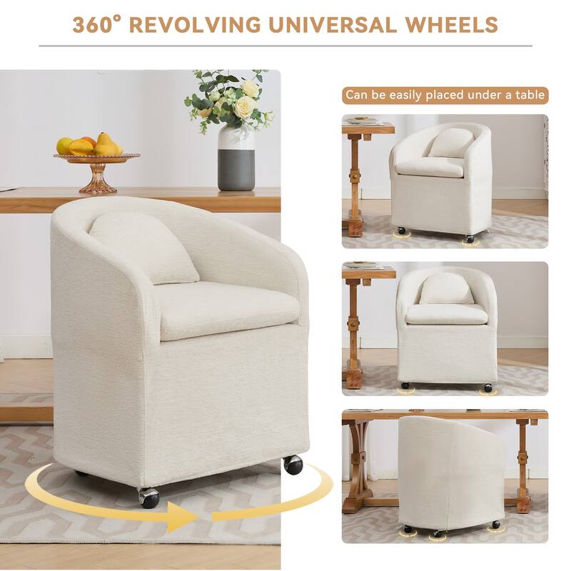 Single Chenille Fabric Dining Chair with 360° Revolving Wheels and Back Cushion