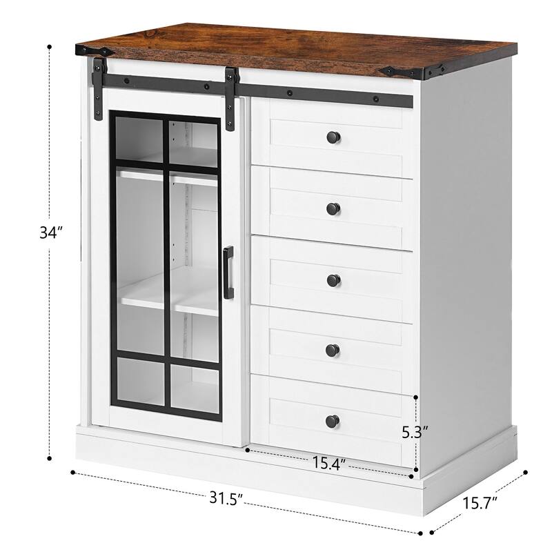 Wooden Storage Cabinet with LED Lights, 5 Drawers and Adjustable Shelves, Rustic Barn Door File Cabinet