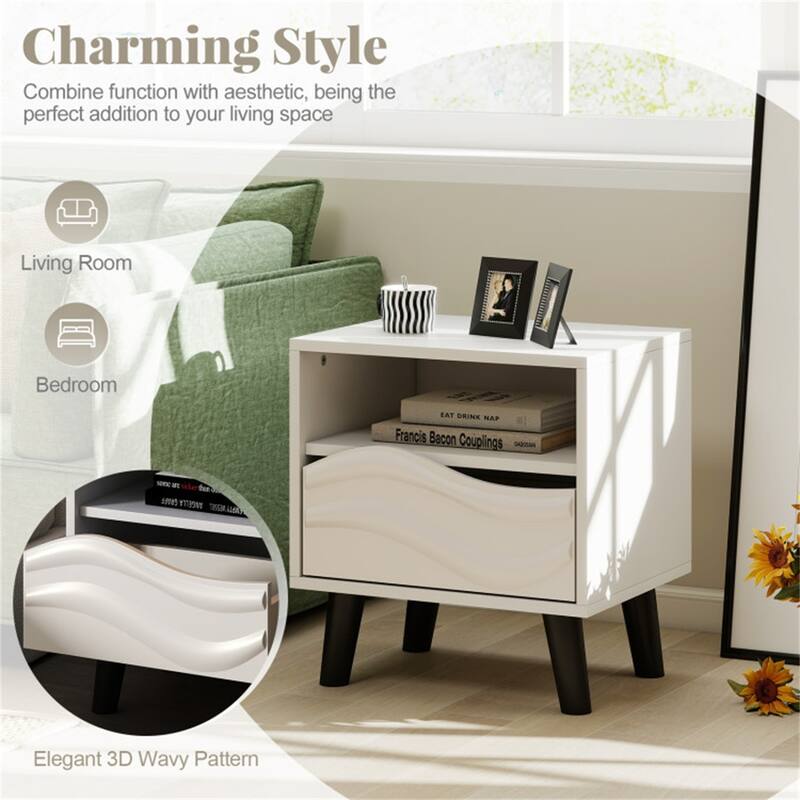 White-Black Engineered Wood Nightstand with 3D Wavy Drawer and Storage
