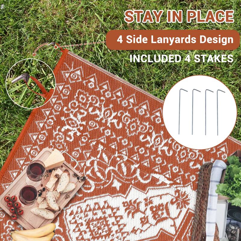 Outdoor Patio Rug Waterproof Reversible Carpet Vintage Boho Medallion Rug Plastic Straw Rug