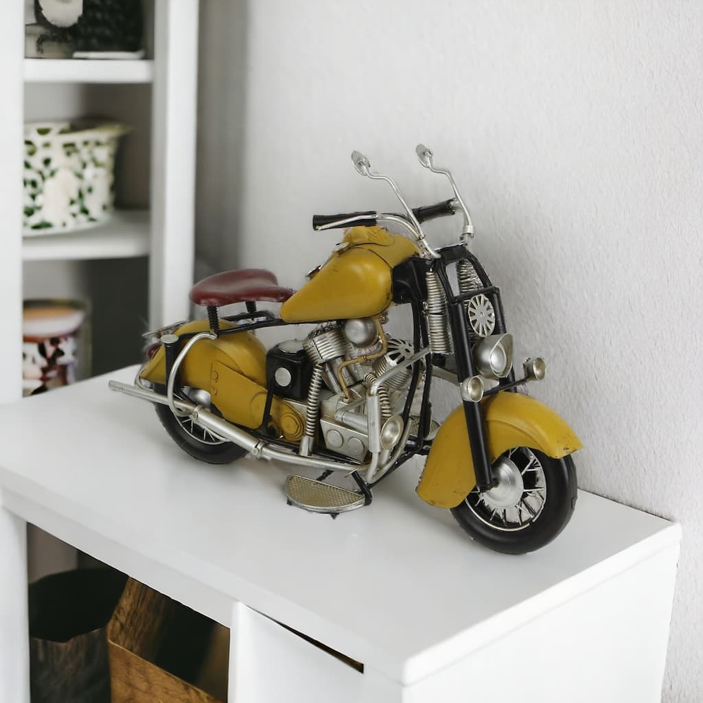 HomeRoots 8" Yellow and Black Metal Hand Painted Model Motorcycle - 15' X '8' X '7