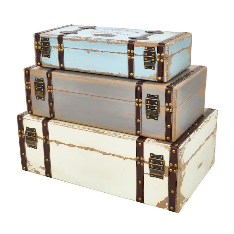 Multi Colored Wooden Nesting Decorative Trunk with Vintage Accents and Studs (Set of 3)