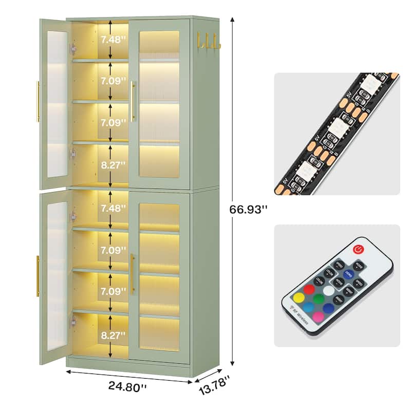 8-tier Modern Tall Bookcase Bookshelf with Doors and LED Light